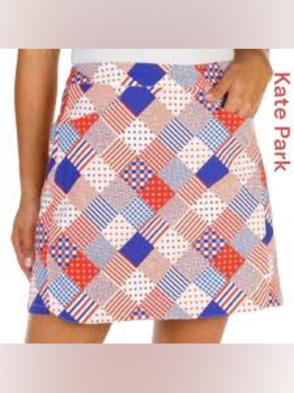 Kate Park Patriotic Patchwork Skort Size Large Built In Shorts Red White Blue